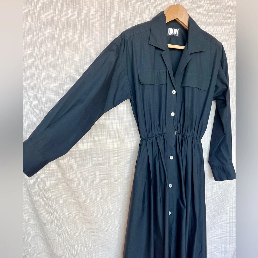 Vintage DKNY Shirt Dress Cotton Poplin Pockets Shirtwaist Dress Minimalist Rare - Picture 7 of 14